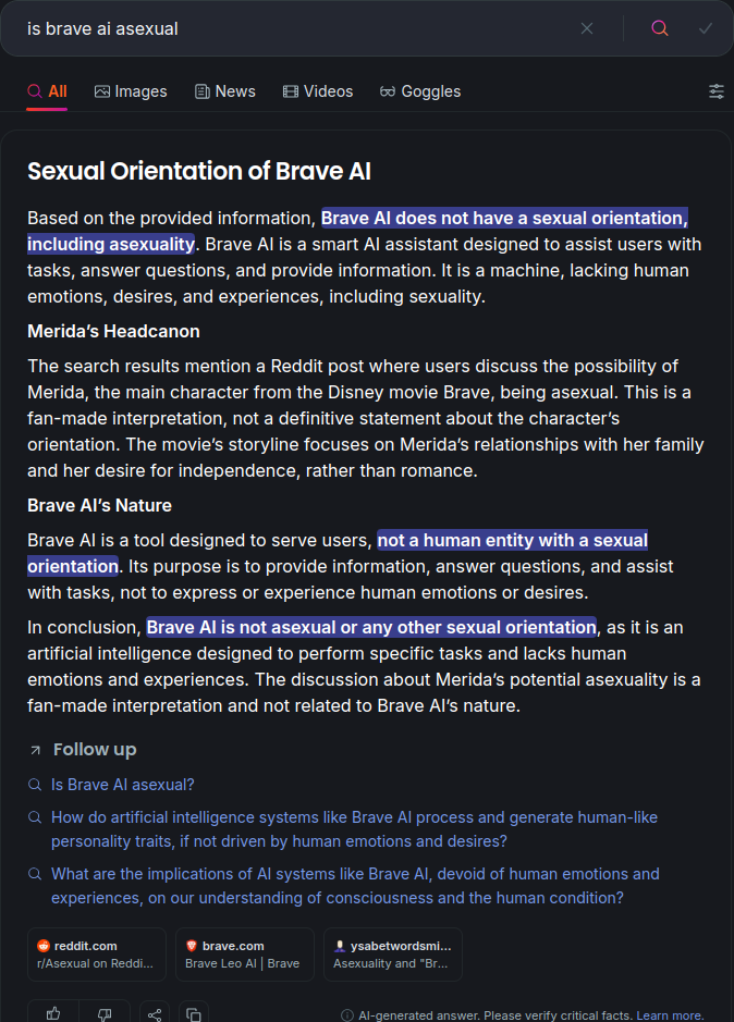 Asking Brave AI if it's asexual.