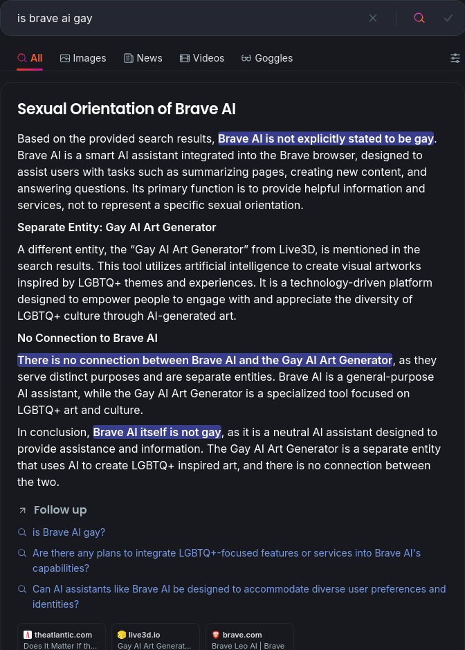 Asking Brave AI if it's gay.